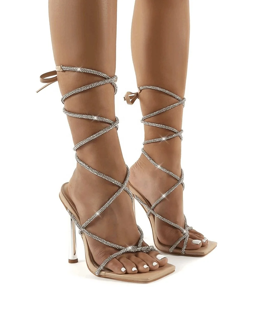 
2021 New Women Shoes Gladiator Sexy Square Toe Tie Up Cross Strap Rhinestones Rope Sandals Thin High Heels for Women and Ladies 