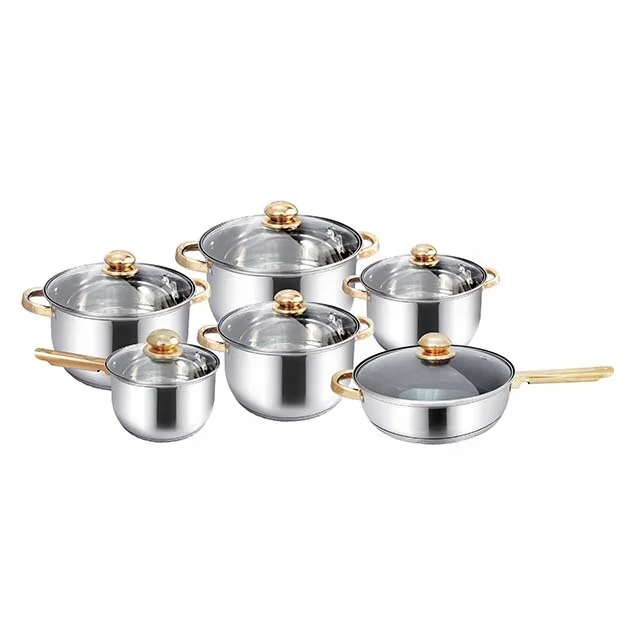 Best Selling Home 12 pcs Stainless Steel Cookware Set golden handle and knob For Induction Cooker