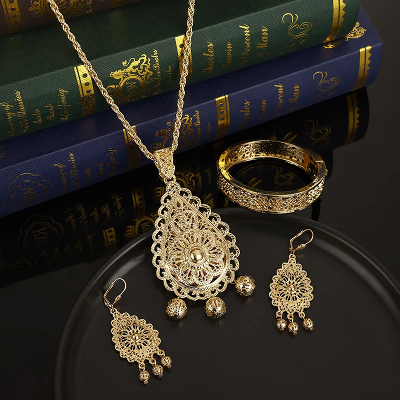 Luxury Bridal Jewelry Set Double Pendant Gold Color Flower Metal Necklace Earrings Bracelet Court Style Wedding Caftan Accessory