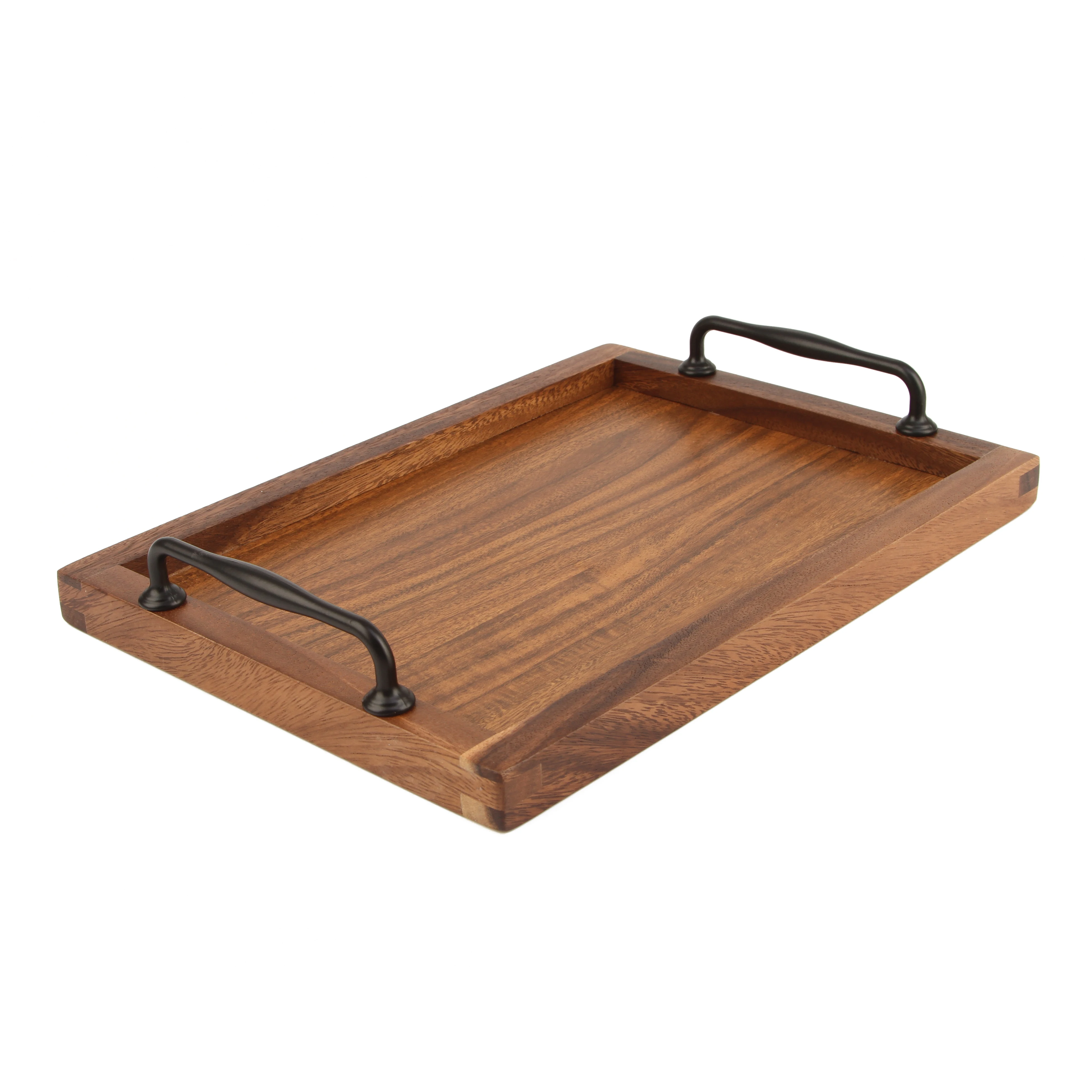 Kitchen Rustic Wooden Serving Tray Set with Metal Handles | 2 Nesting Decorative Trays for Coffee Table, Ottoman