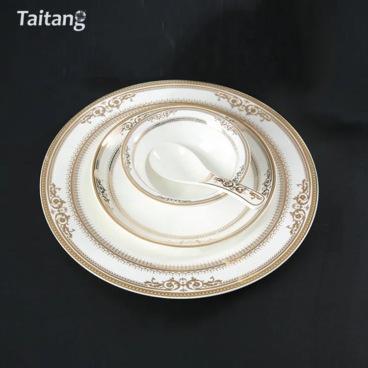 Restaurant Wedding Ceramic Gold Rim Fine Bone China Dinnerware Dinner Set With Embossed Gold Decal Dinnerware