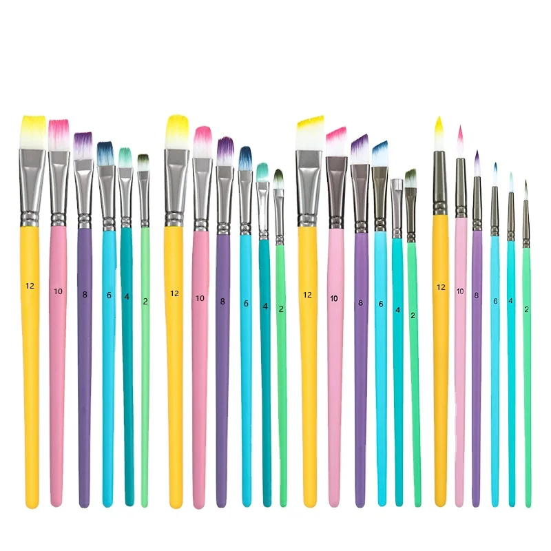 Hot selling paint Brush kit 6 Pcs Set nylon hair Wood Macaron color Handle artist oil water color acrylic paint brush set