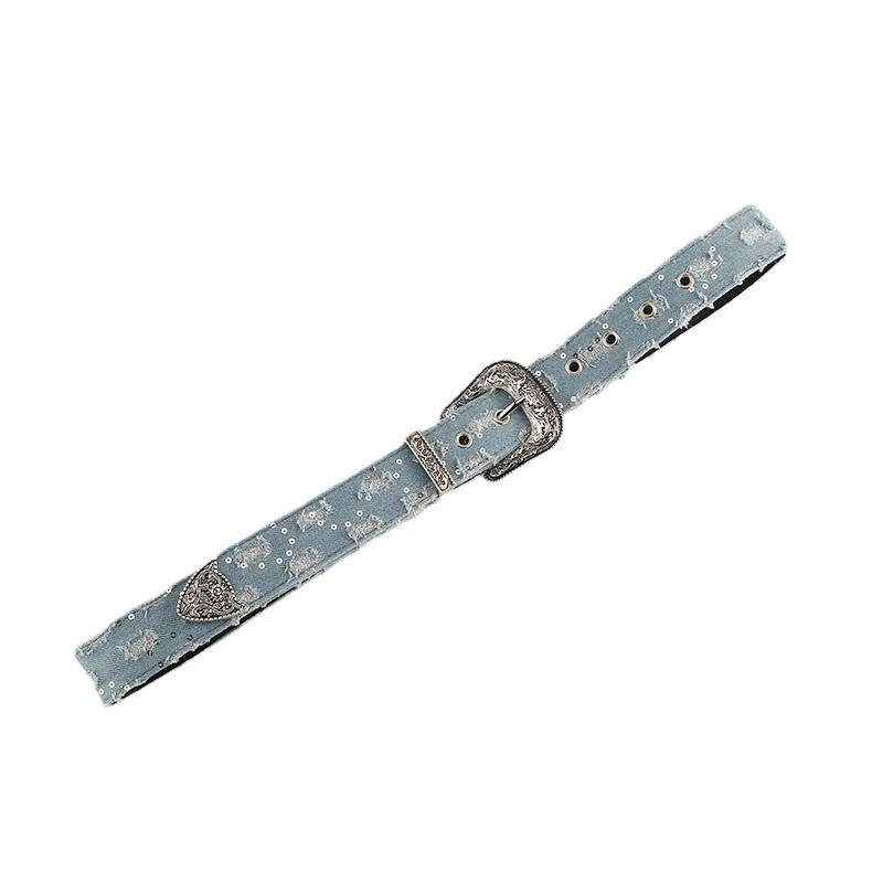 Denim belt retro carved personalized belt decorated Europe and the United States style needle buckle belt