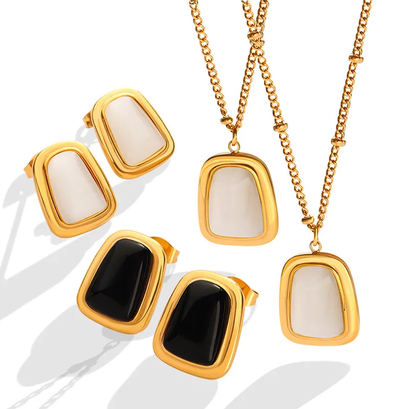 New Fashion Stainless Steel Necklace Square Natural Stone Pendant Necklace 18K Gold Plated Jewelry For Women