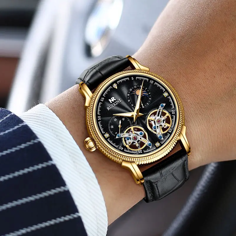 Лидер продаж, мужские механические часы RUIXINE R7121 с сапфировым стеклом и кожаным ремешком из нержавеющей стали, 43 мм