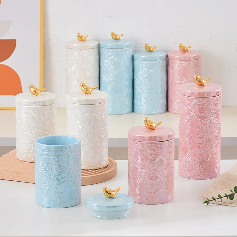 Modern Luxury Ceramic Food Storage Jar With Lid Carved Cylindrical Shape Stoneware Canister Set