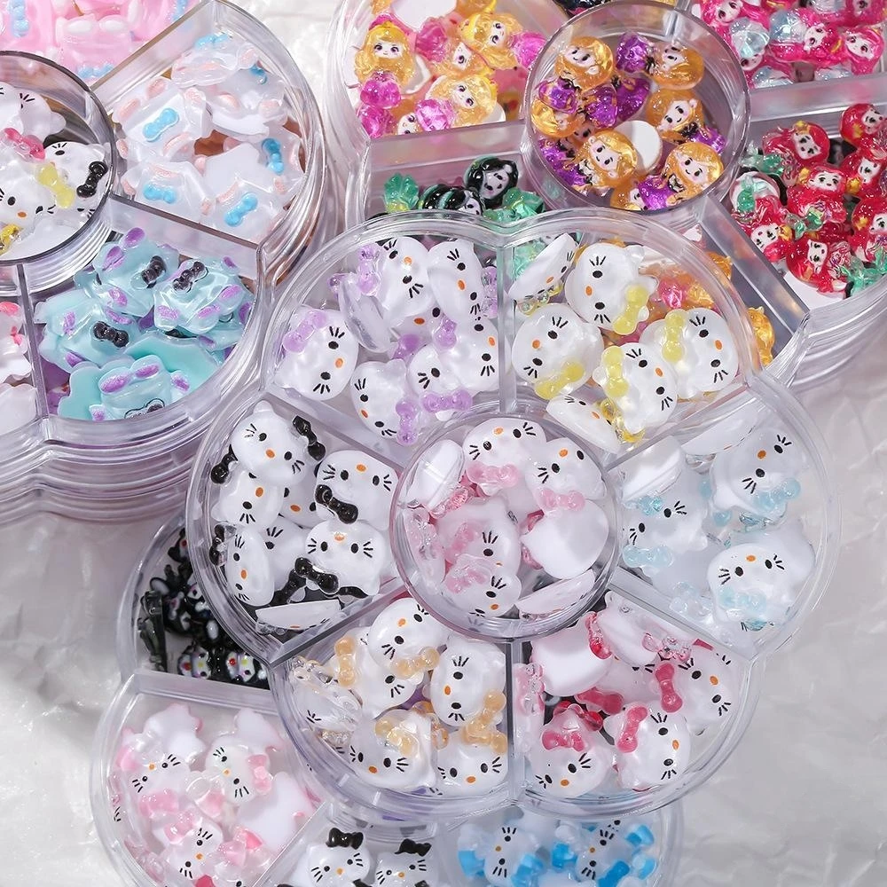 Wholesale 7-grid Mixed Cartoon Nail Charms Decoration Kawaii  Kuromi Cat Head Bear Candy Cute Resin Nail Art Charms