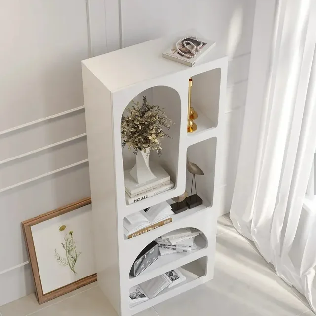 White Arched Bookcase Tall Open Storage Geometric Cabinet Design Niche Bookshelf Wood Living Room Display Stand