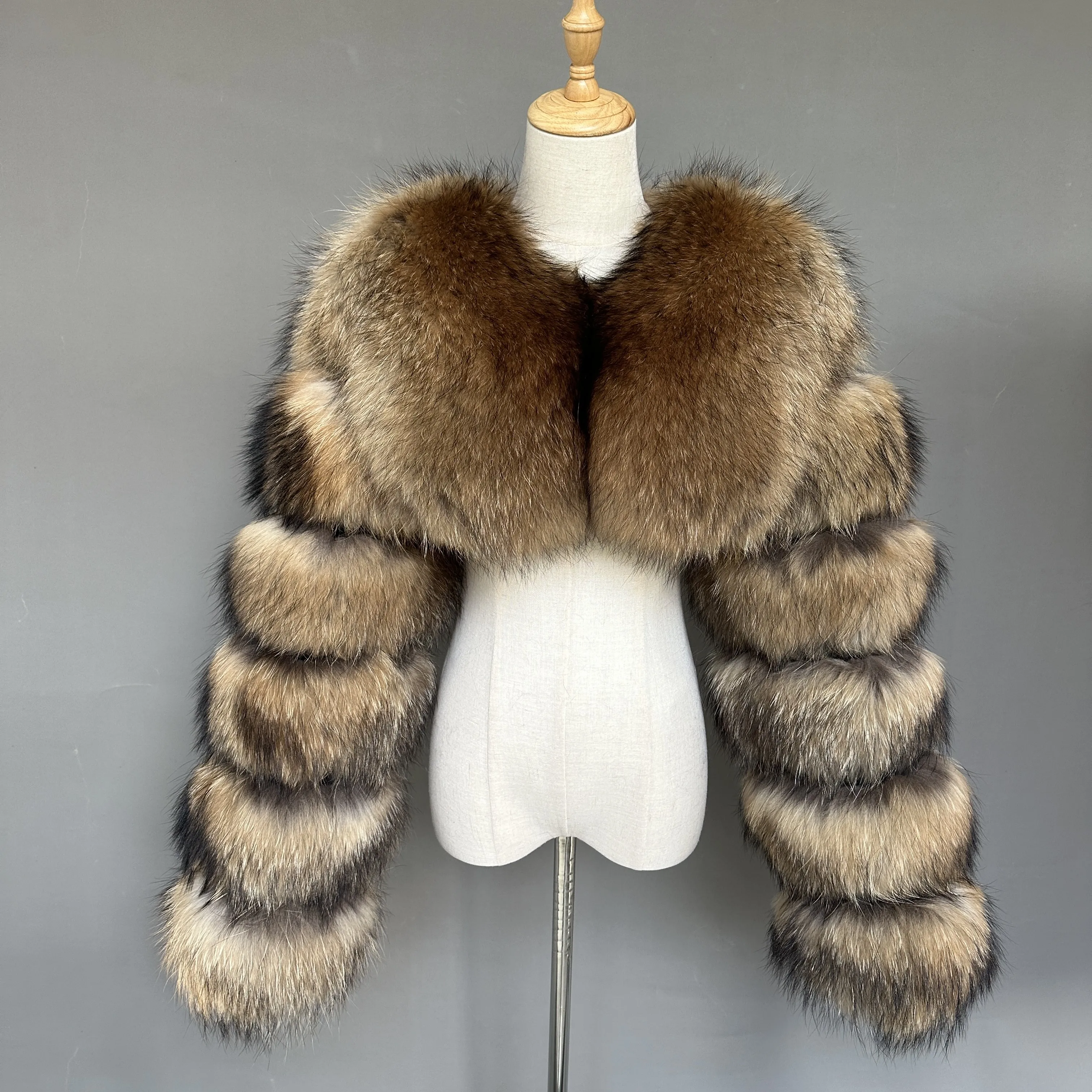 New Fashion Real Fox Fur Sleeves Jacket Winter Natural Raccoon Fur Cropped Coat Women Two Fox Fur Sleeves