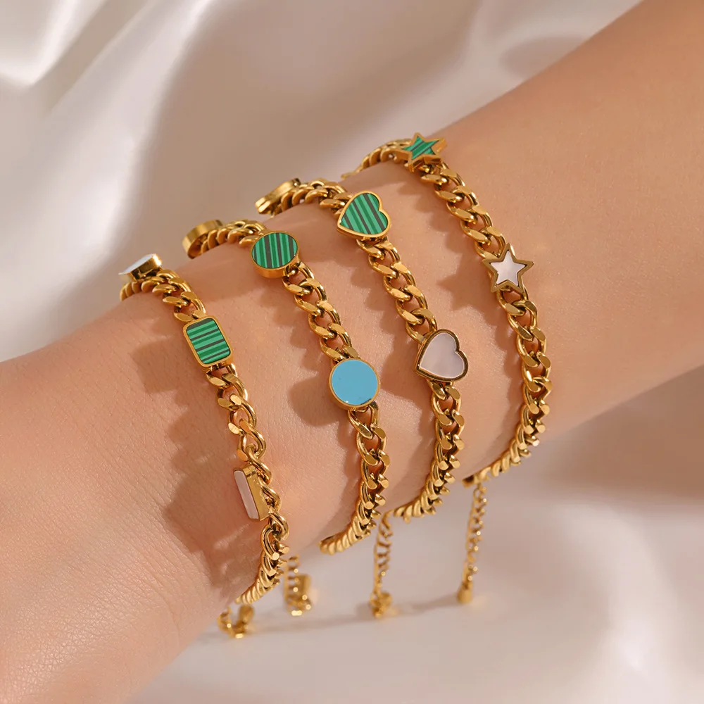 2023 High End Jewelry Cuban Link Chain Bracelets Women Chunky Chain Stainless Steel Natural Stone Bracelet Waterproof Bracelet