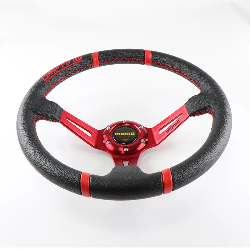 MOMO 14 350MM Steering Wheel Red PVC Artificial Leather NUBUCK Sports Racing Car For Toyota Honda Universal Horn Button