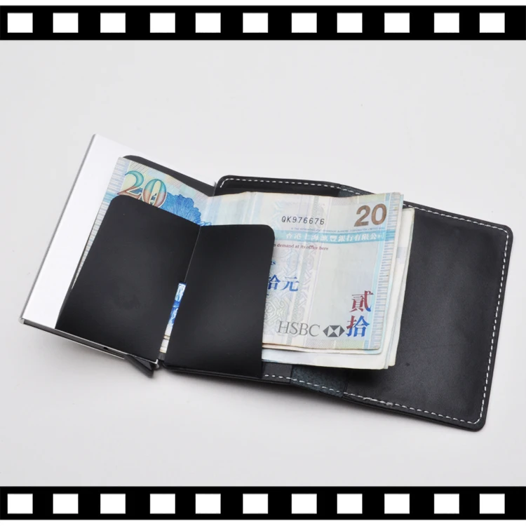 Hot selling leather RFID Blocking Pop Up Aluminum Card Case  Anti-Theft RFID Bank Credit Card Automatic Wallet