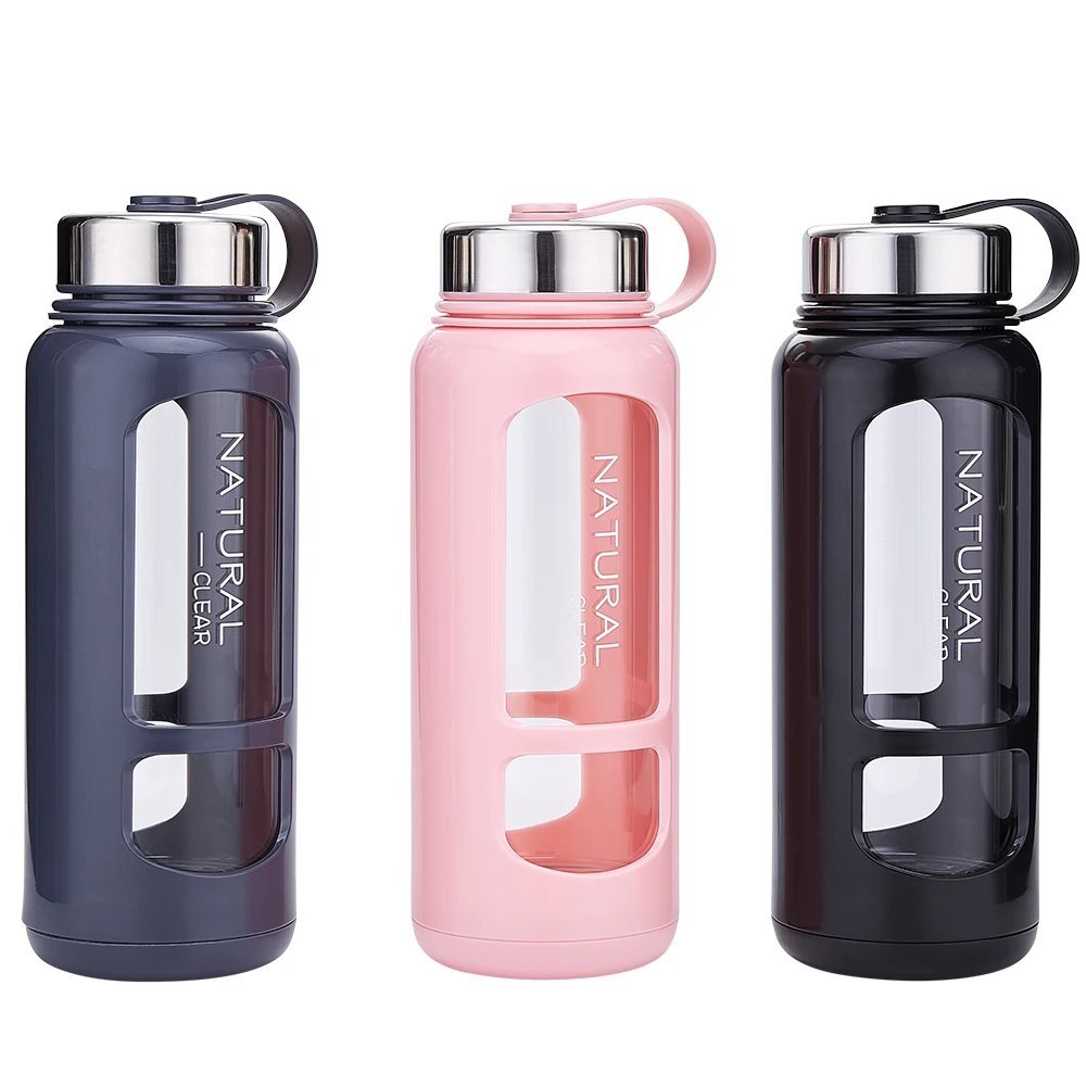 
High quality promotional wholesale promotional leak proof lid reusable drinking custom glass water bottle with silicone sleeve 