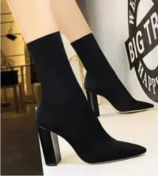 Сезон осень-зима; Новинка; Женские удобные туфли с острым шерстяные сапоги на высоком каблуке; Женская обувь с толстой подошвой; Простая симпатичная сапоги Y12515