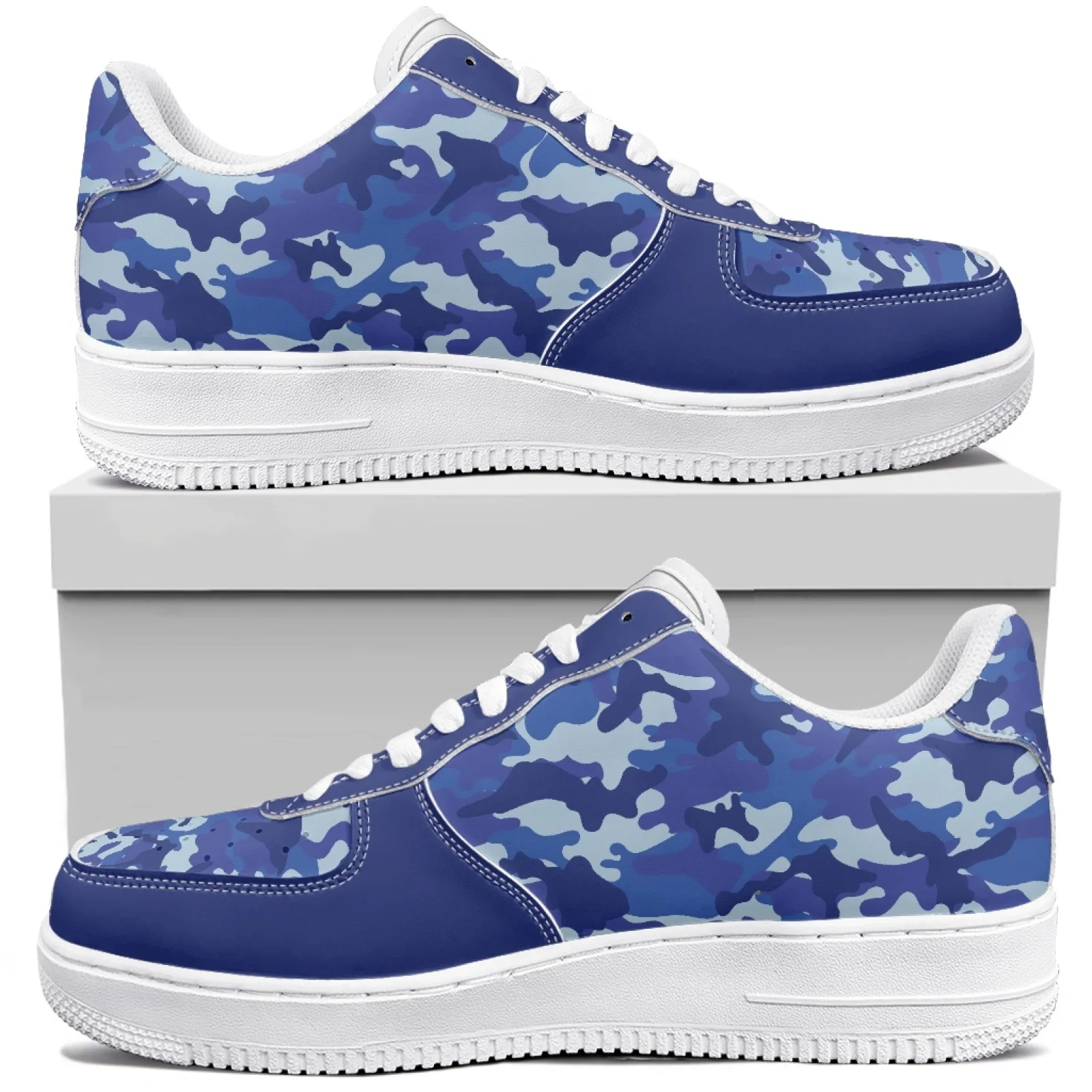 POD Custom Blue Camouflage AF Low Top Leather Shoes Drop Shipping Casual Board Shoes Comfortable Breathable Shoes For Men Women