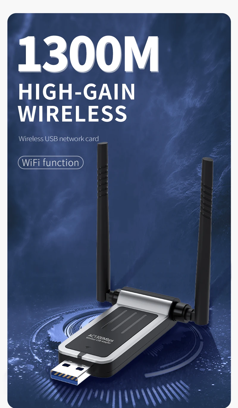 EOM/EDM Hot Selling USB 3.0 1300M Usb Wifi Adapter Wireless Network Adapter 1300 Mbps 500 Meters 5ghz 802.11ac 2.4 / 5 Ghz Wifi