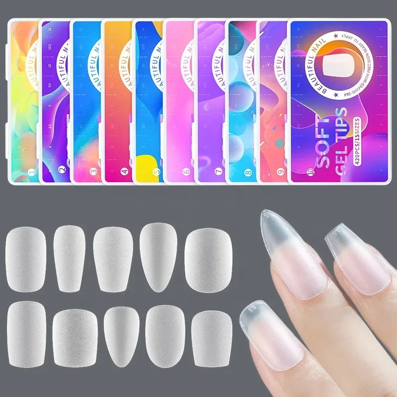 New Material 420pcs Nail Art Press on False Full Cover Coffin Square Almond Short Fake Nail Gel Tips Manicure Extension Tool
