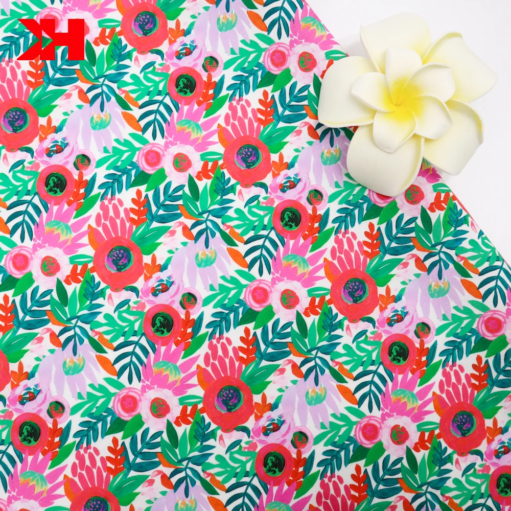 Organic 100% Cotton poplin Custom Printed Fabric With Frangipani Pattern For Clothing Lining Sewing