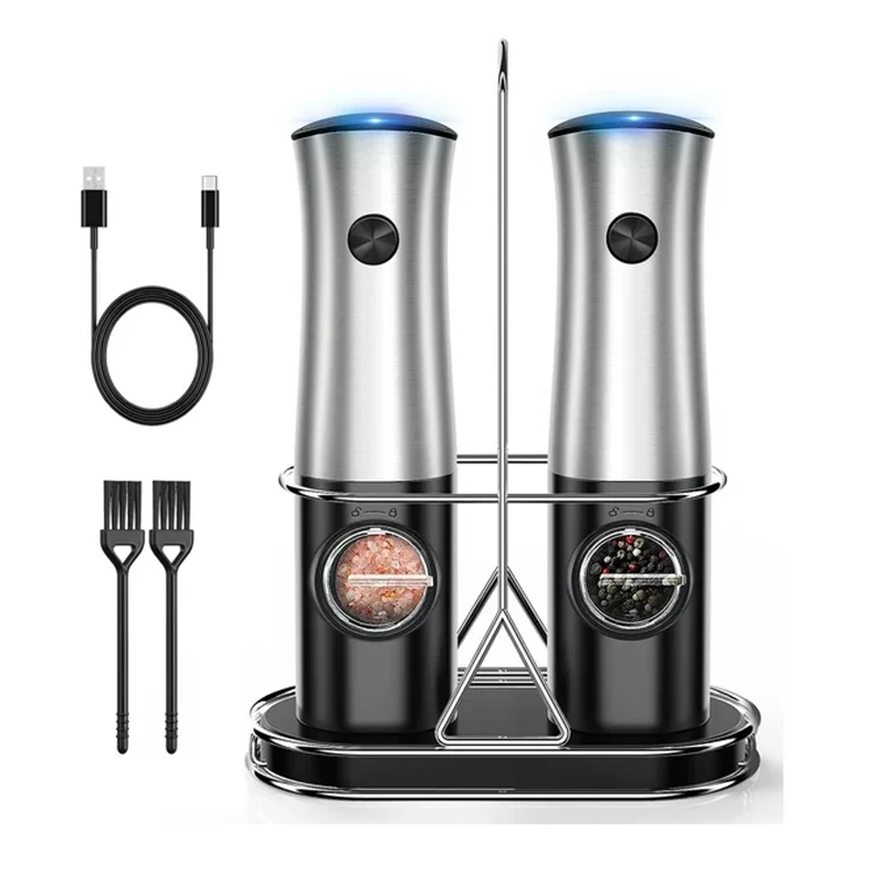 Sinowin OEM LED Light Stainless Steel Stand Silver Rechargeable Electric Salt and Pepper Grinder Set with Rechargeable Base