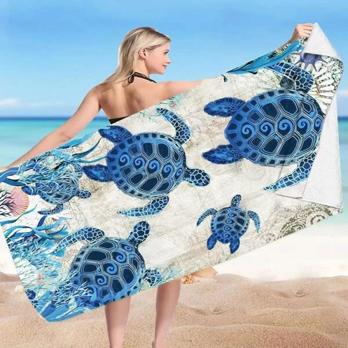Wholesale Turtle Pattern Printed Beach Shawl Towel Hawaiian Marine Animal Swimming Towel Retro Blue Design Picnic Yoga Towel