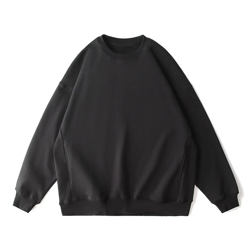 Heavy 100%Cotton 500gsm Round Neck Side Pocket Sweater Plus Size Drop Shoulder Long Sleeve Terry Solid Color Oversize Sweatshirt