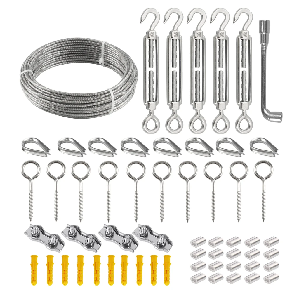 SGYM 30m Garden Wire 3mm Turnbuckle Tensioner Kit with Wire Rope Cable 304 Stainless Steel Cable Railing Outdoor Light Hanging