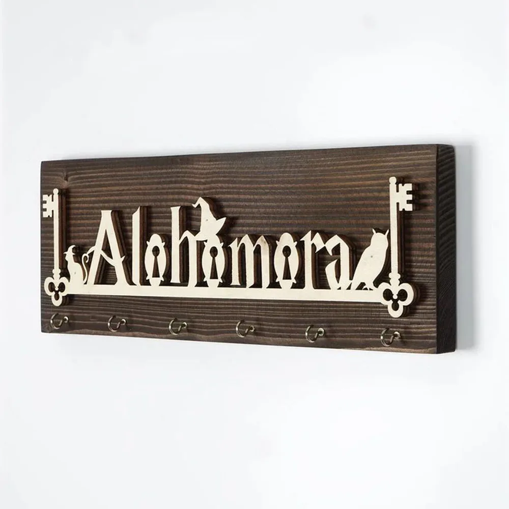 Solid Wood Hallway Wall Art Decor Key Hanger Laser Cut Alohomora Sign Key Holder Key Rack