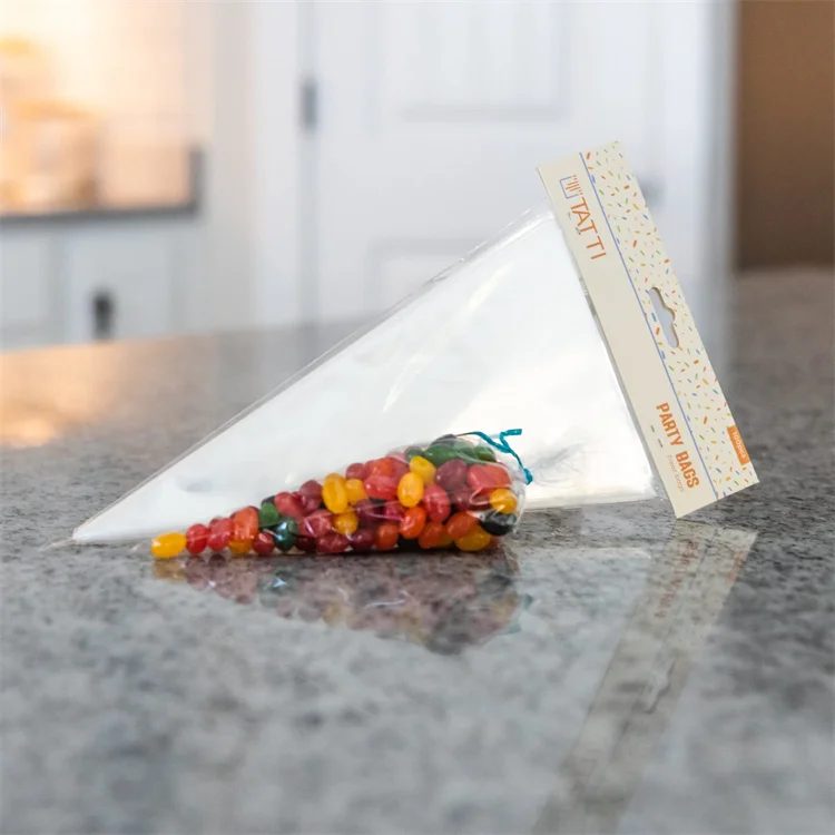 Wholesale Clear Plastic Triangle Cone Shaped Cellophane Candy Cello Treat Bags with Twist Ties for Popcorn Party Favor