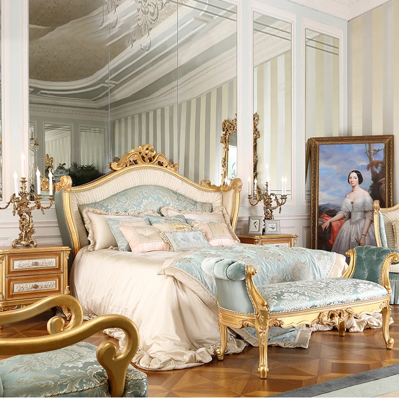 Luxury gold leaf classic Italian fabric wood bedroom set