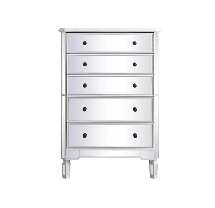 Nordic Modern Silver Mirror Glass Tallboy Dresser Cabinets Chest of 5 Drawers of Bedroom