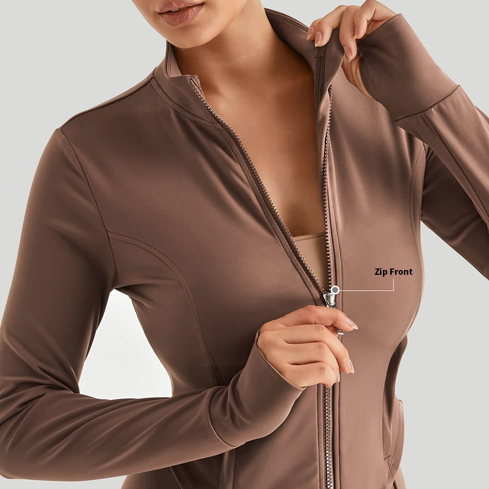 Top Sell Zipper Sports Jackets With Thumb Hole Custom Women Eco-friendly Fabric Full Zip Running Sports Yoga Jacket with Pocket