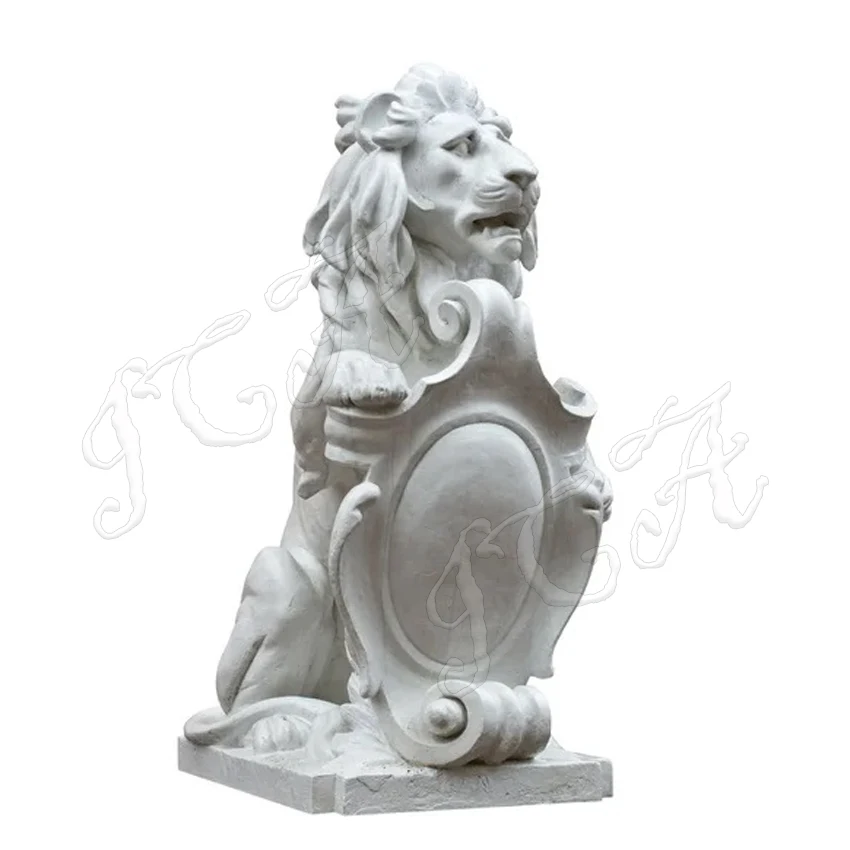 Handmade Garden Animal White Marble Sitting Lion Statue Sculpture With Shield