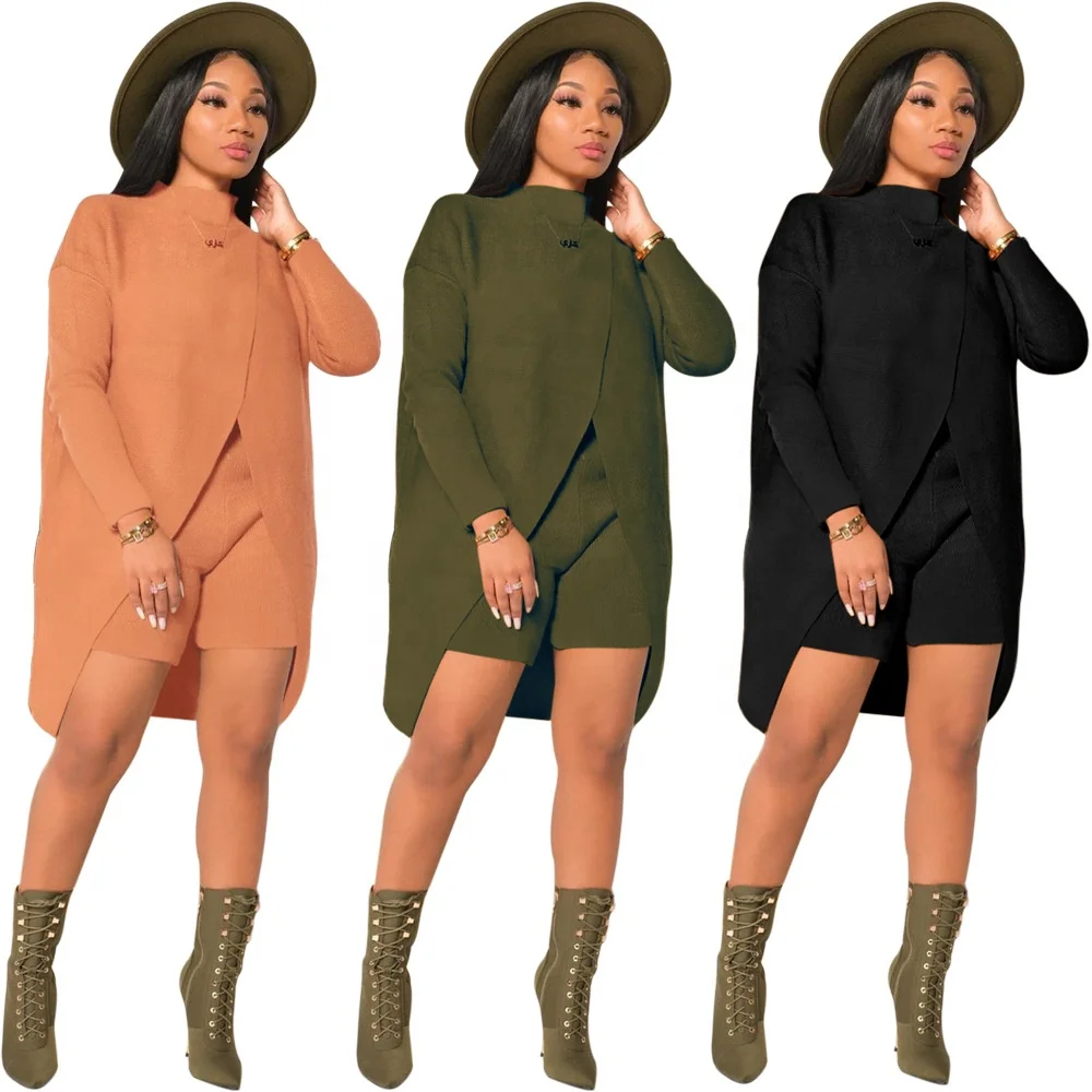 MT53-2062 с высоким воротом Сплит средней длины из топа и шорт и свитер комплект из двух предметов костюм для женщин Одежда для детей Повседневное платье для женщин комплект из 2 предметов