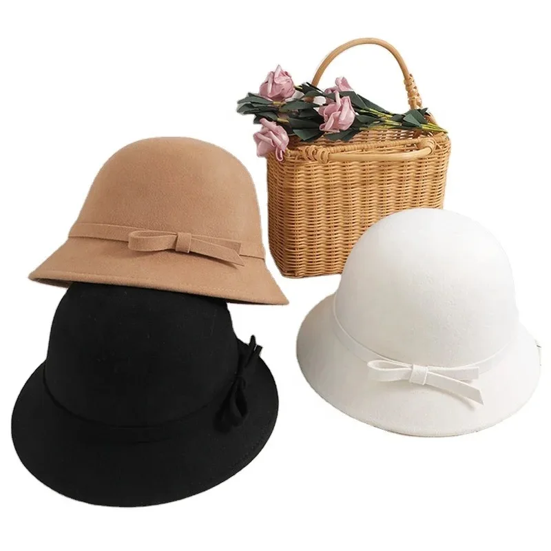 Wholesale Party Formal Headwear Lady Autumn Winter Asymmetric Felt Bowknot Bucket Hats For Women
