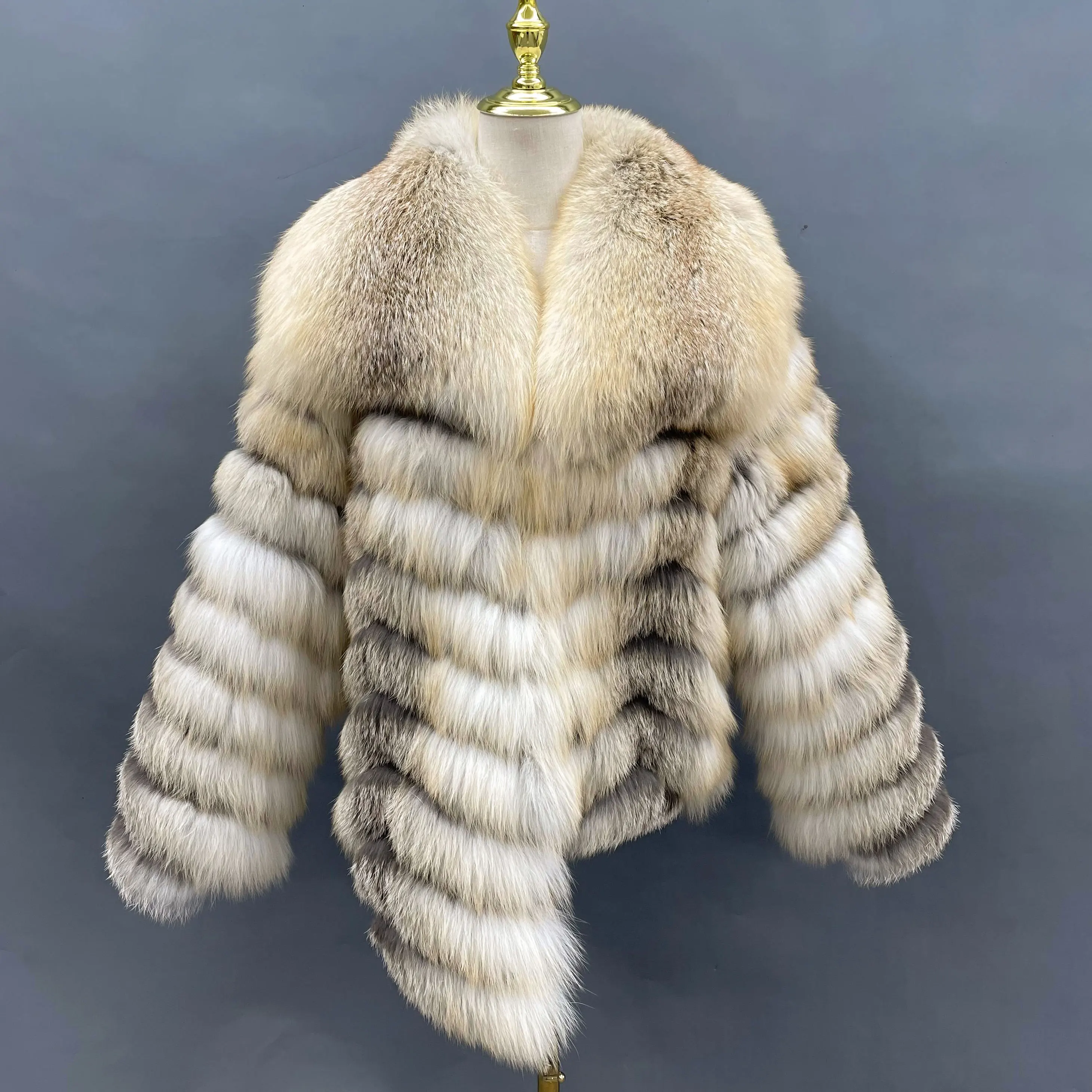 Large lapels and stripes jacket plus size real fox fur caot for women ladies hairy coat