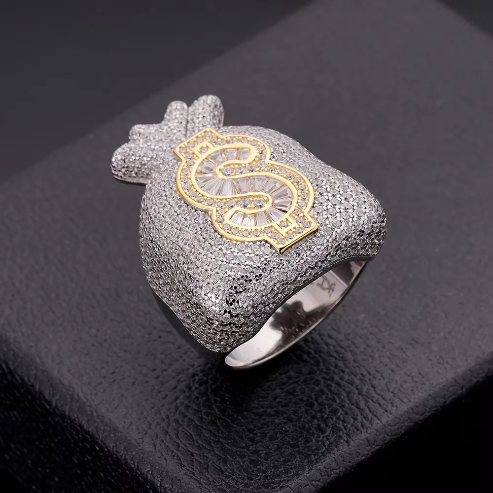 Hip Hop Iced Out Cz Moissanite Diamond Baguette Money Bag Dollar Symbol Sign 14K Gold Plated Rapper Fashion Jewelry Rings