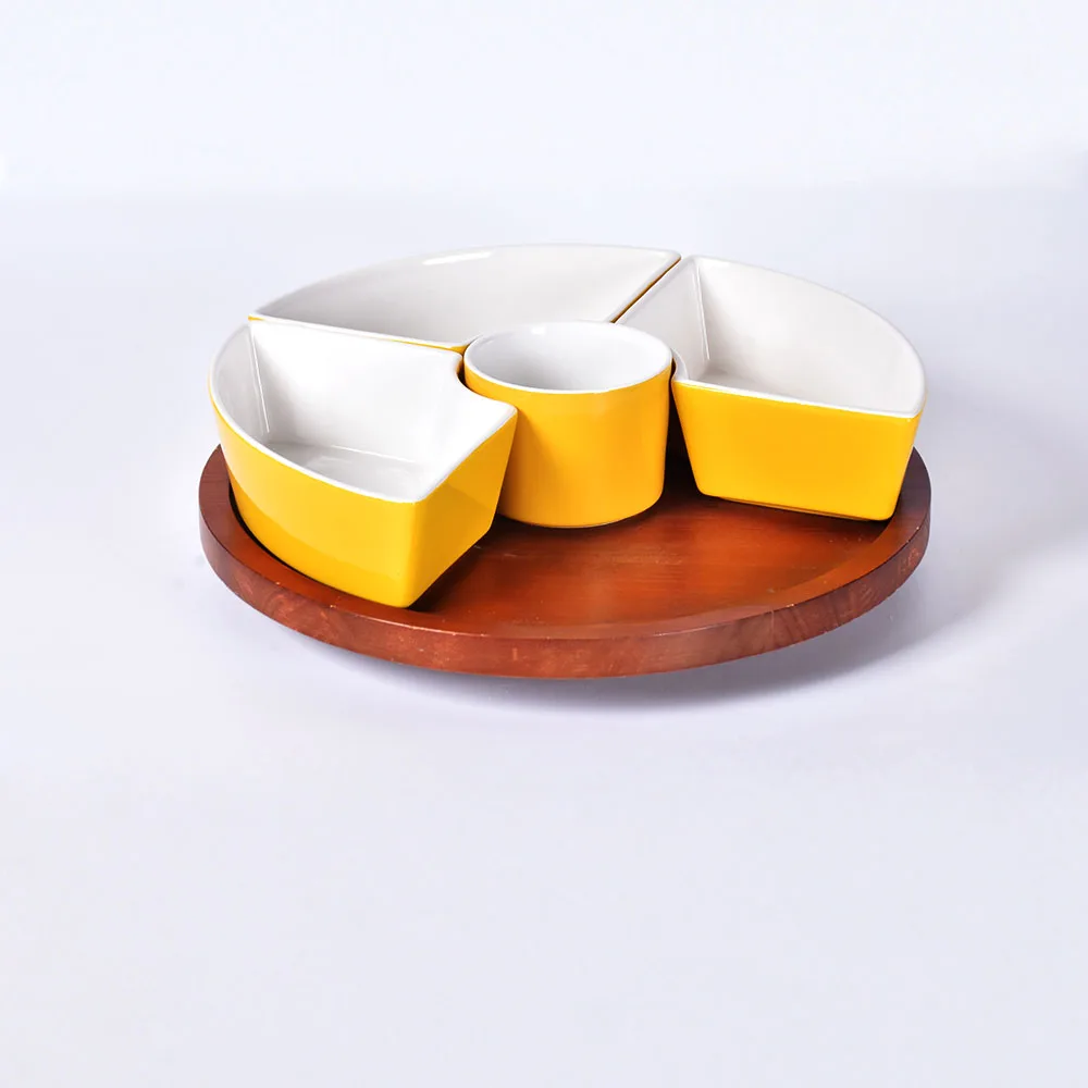 Wholesale 5 Compartment Dessert Snack Chip and Dip Server Fruit Platter Ceramic Divided serving tray