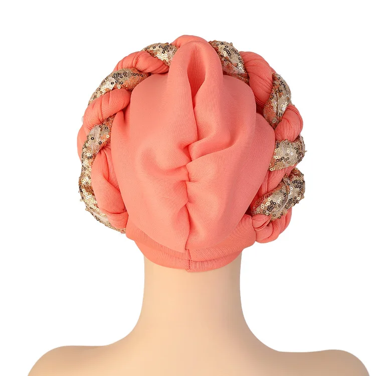 GEERDENG Hot Sales African Nigerian Female Popular Golden Head Wrap Beads Hat Muslim Women Satin Silk Twist Braid Hair Turban