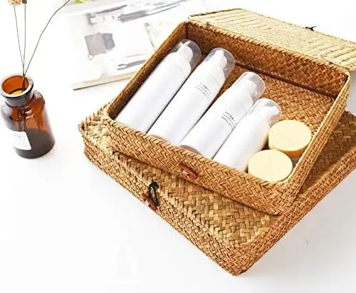 Seagrass Storage Basket Box with Lid Rectangular Woven Shelf Baskets Bins for Organize Snack Toys Set of 2 Natural Decorative
