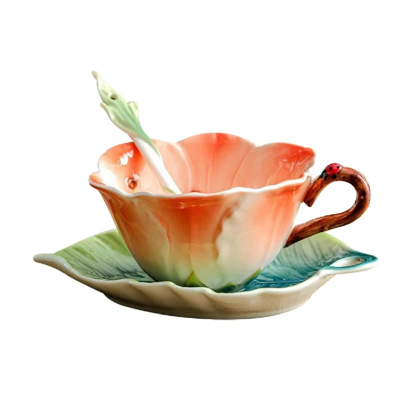 3D 6oz Wedding Mother Gift Ceramic Coffee Mug and Saucer Set Flower Leaf Tea Cup with Decorative Handle Spoon