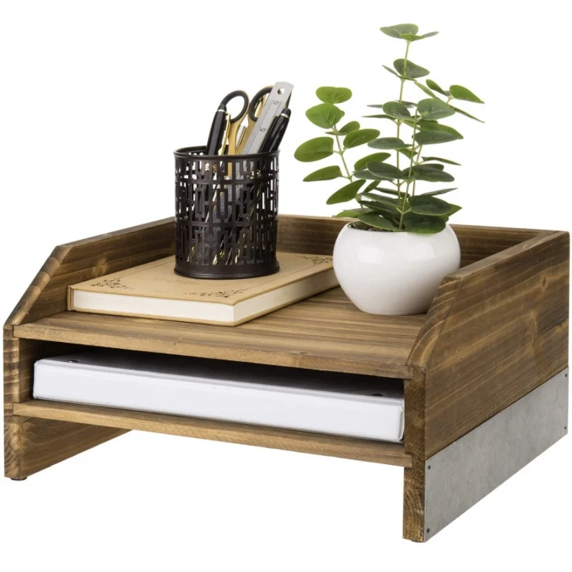 Dark brown wooden storage decoration galvanized office desk folder storage box