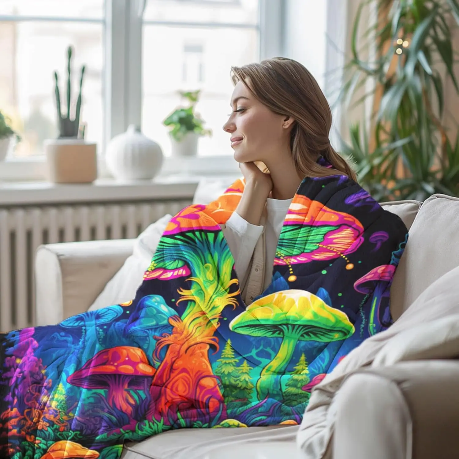 Custom Neon Mushroom in Dark Forest Hippie  flannel fleece Throw Blanket for Sofa Couch