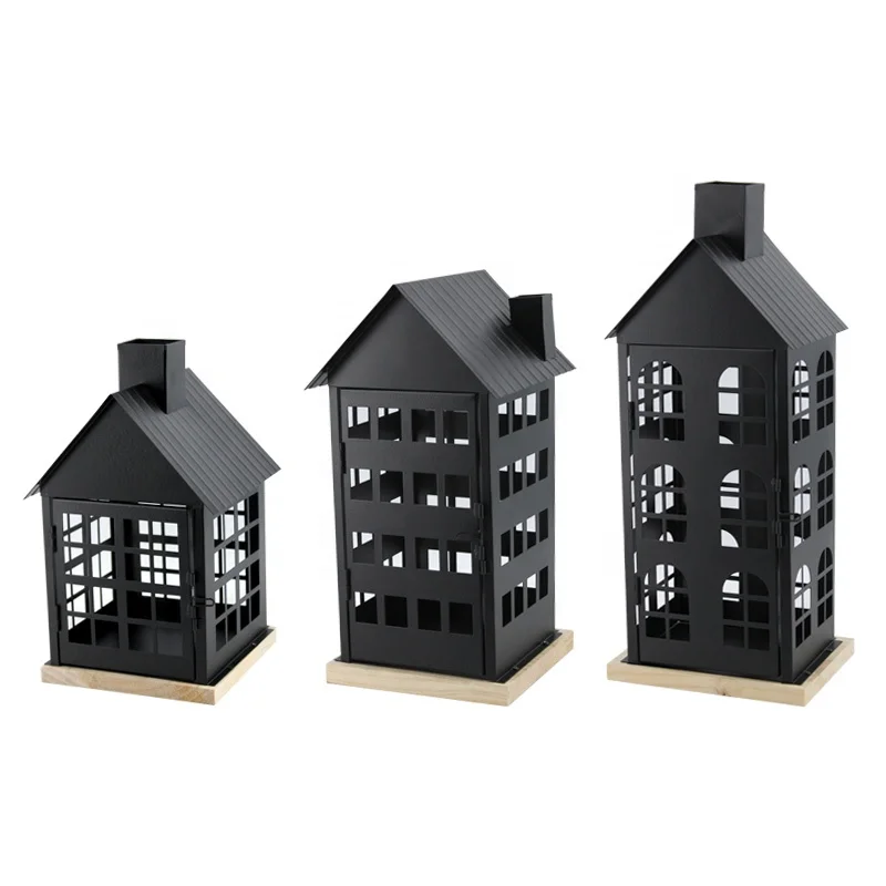 House Design Black Metal Candle Holder for Table Festival Home Decoration Wood Floor Stand Iron Lantern for Garden