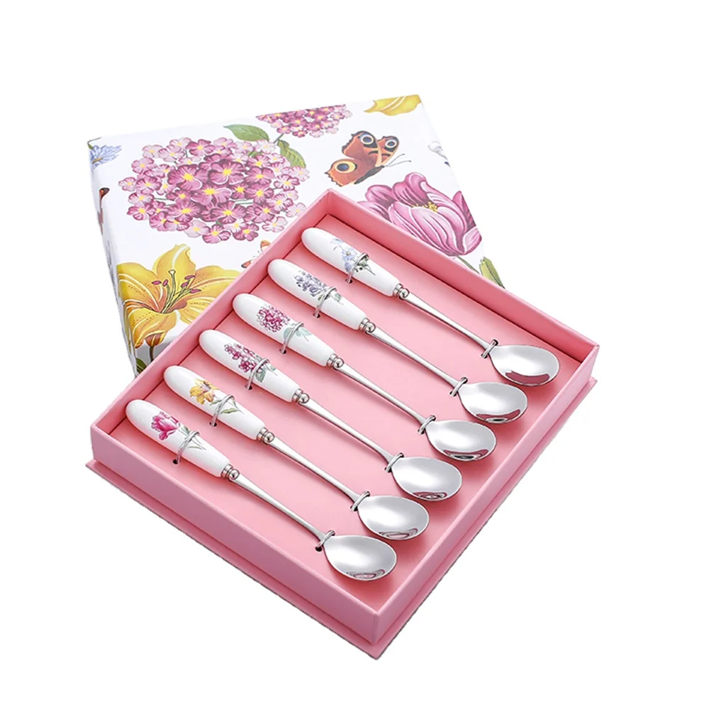 OEM 6pcs Long Ceramic Handle Spoon Gift Set Ice Cream Tea Spoon Stainless Steel Elegant Spoons