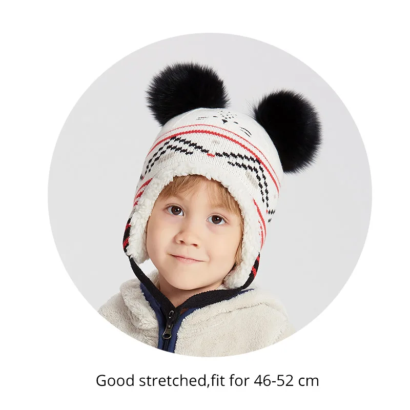RTS Unisex Babys Winter Warm Knitted Hat with Pompom Toddler Girls Boys Beanie Custom Thick Fleece Lining Children Hat