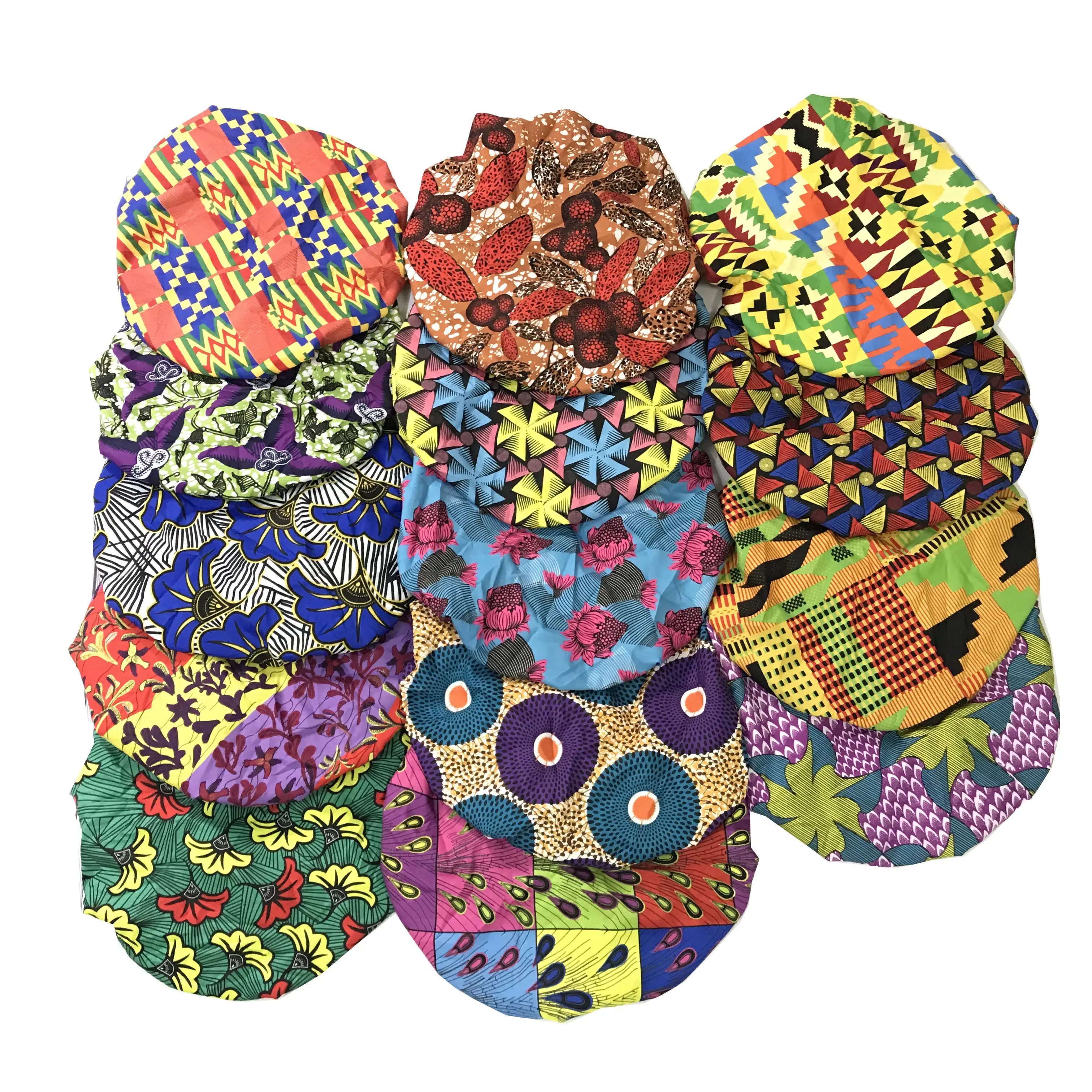 Fashion African Style Ankara Pattern Bonnet Set Daily And Night Wear Sleep Caps Colorful satin silk Hair Bonnet