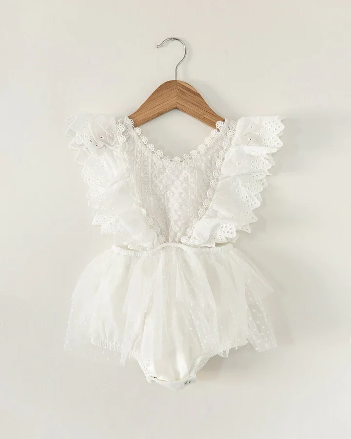 Custom Toddlers Linen Romper Backless Baby Leotards One Piece Short Jumpsuit Tulle Birthday Scalloped Baby Girl Lace Romper