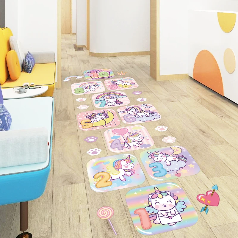 Pink Unicorn Floor Stickers Cartoon Wall Decals Removable Waterproof Peel and Stick for Living Room Bedroom Bathroom