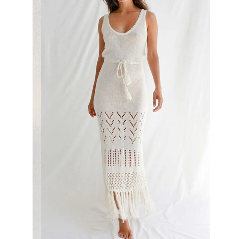 S - XL Fringe Cover-ups Beach Dress Beach Wear Beachwear Lady Tassel Knitted Crochet With Drawstring Tunic Beach Cover Up