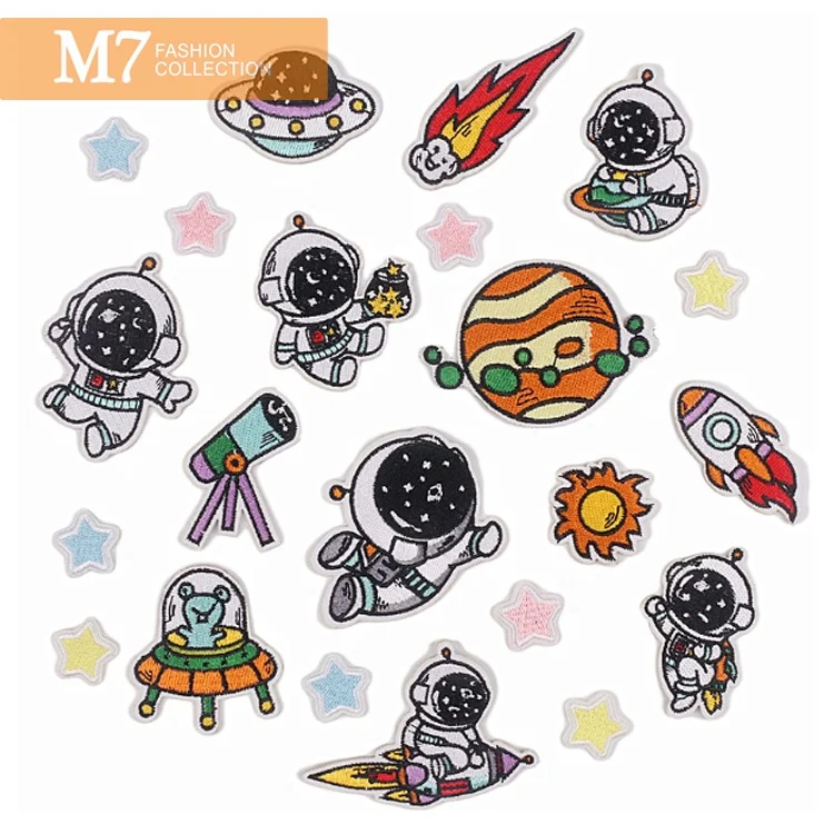 Оригинальные Инновационные Мультяшные астронавты HZ042, вышитые тканевые наклейки, космическая фантазия, термоклейкие нашивки с индивидуальной вышивкой